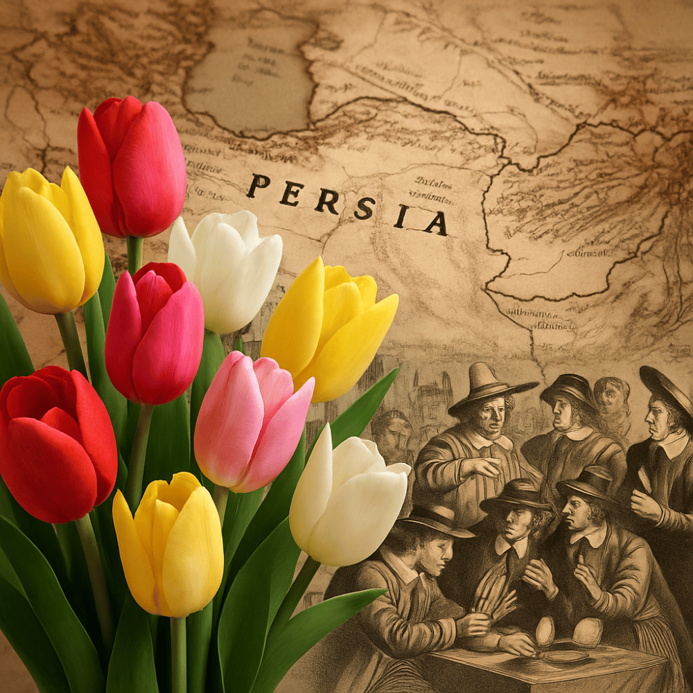 Colorful tulips in front of an ancient Persia map showcasing tulip origin