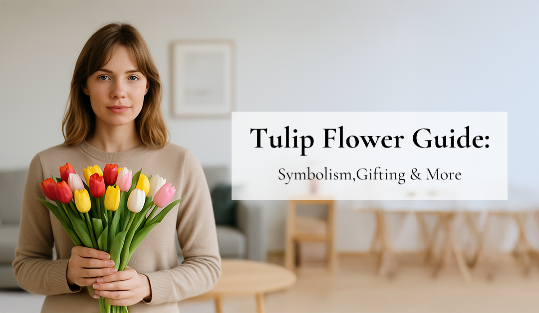 Woman holding tulip bouquet with Tulip Flower Guide text overlay